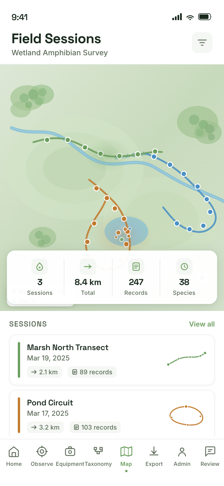 GPS track heatmap across multiple field sessions