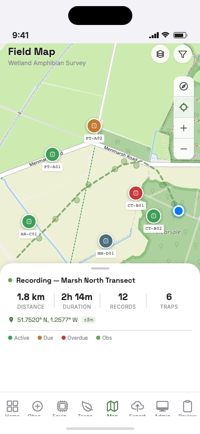 Field map with GPS track and equipment markers