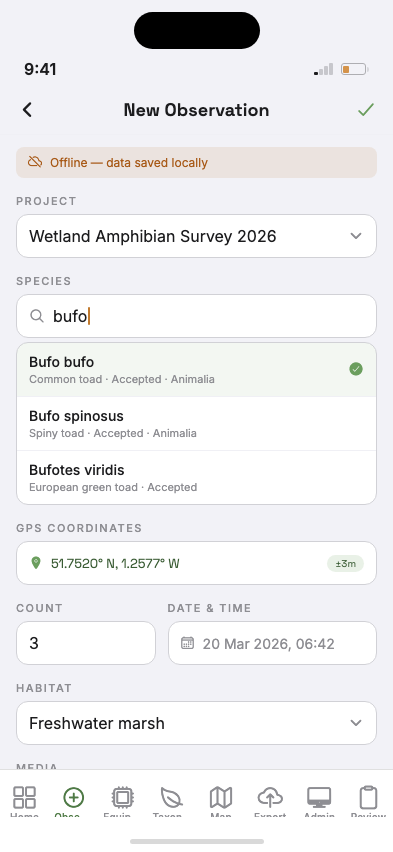 Observation entry screen