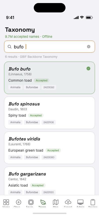 Taxonomy search screen